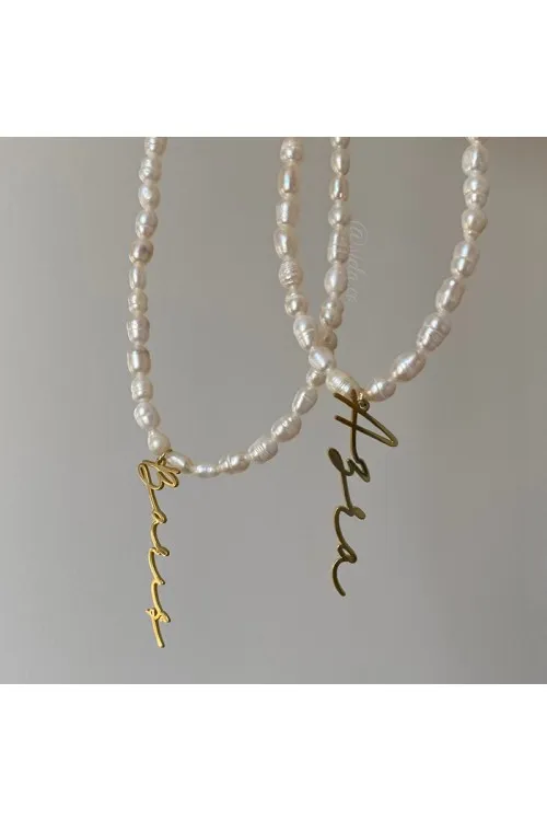 Dikey İsim Arpa İnci Kolye